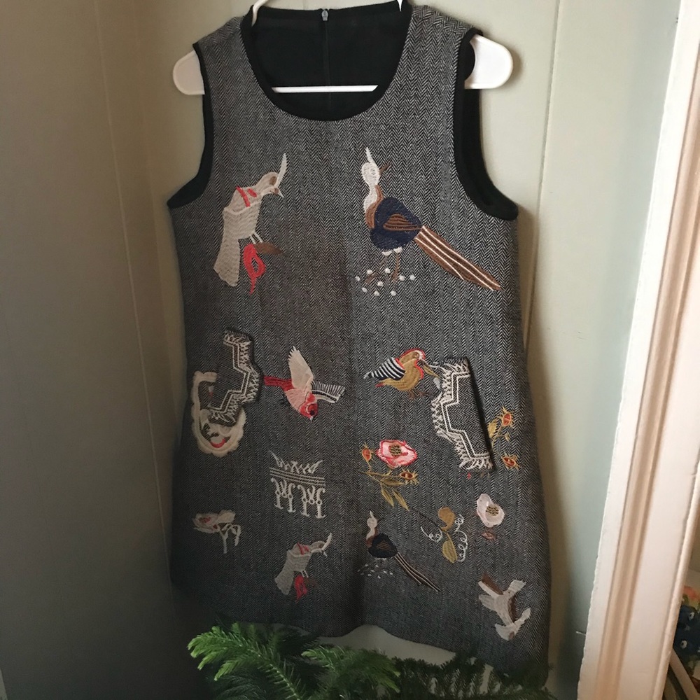 Herringbone Embroidered Bird Dress
